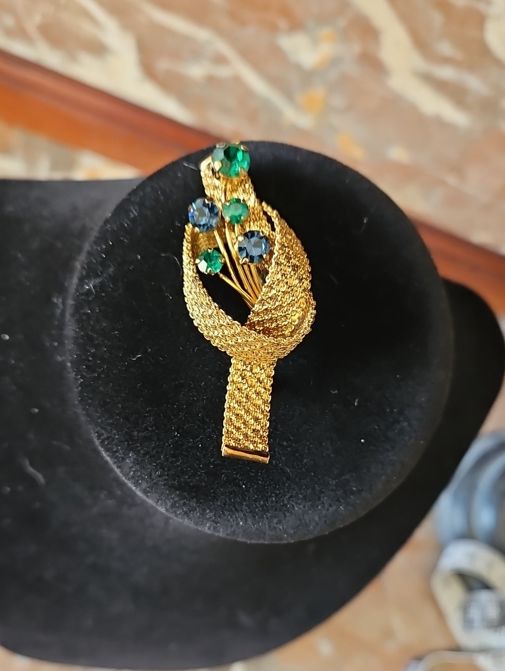 Vintage Textured Gold Tone Ribbon With Flowers From Blue & Green Rhinestones